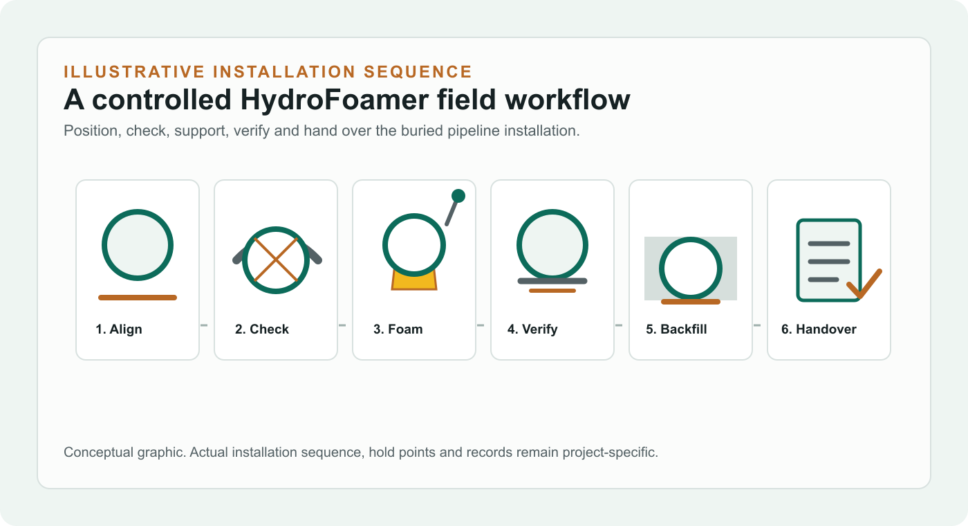 Illustrative HydroFoamer sequence showing alignment, checking, foam support, verification, native backfill and handover.